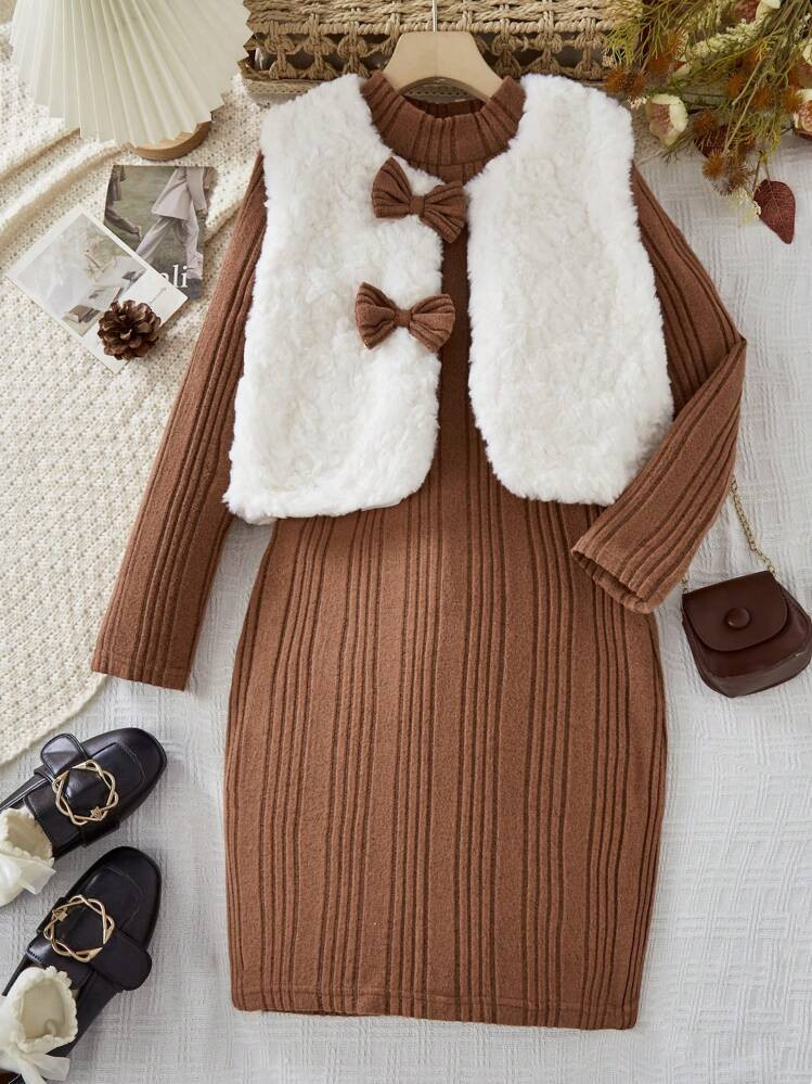 2pcs/Set Tween Girls Elegant Warm Fuzzy Vest Jacket Paired With Long Sleeve Textured Knit Dress, Suitable For Casual, Commuting, Holiday Gatherings, Autumn/Winter | SHEIN