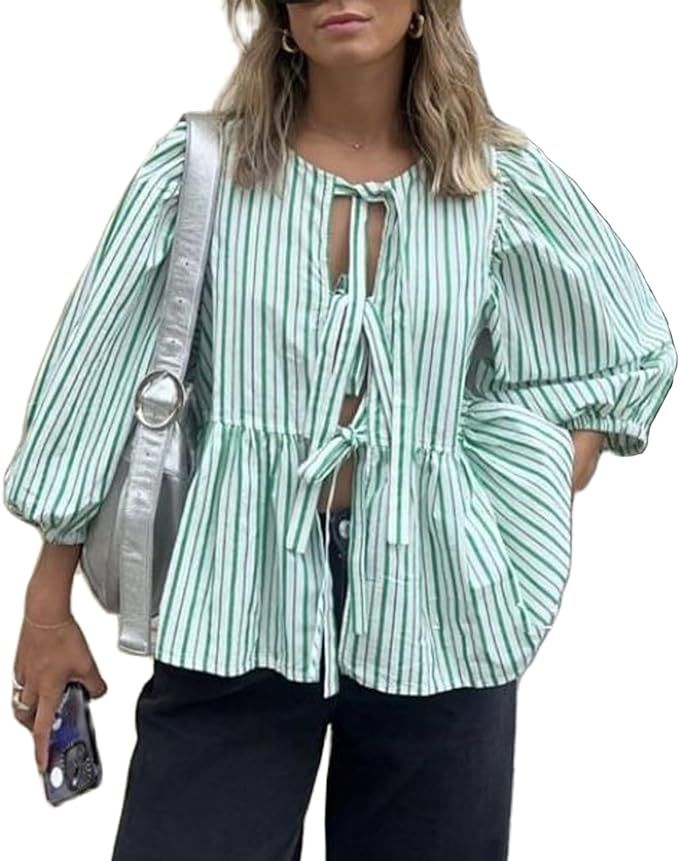 Women Puff Short Sleeve Peplum Shirts Bow Tie Front Ruffle Hem Babydoll Blouse Top | Amazon (US)