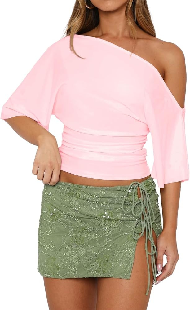 BONITEE Women One Shoulder Tops 2026 Summer Off The Shoulder Shirts Casual Cropped Short Sleeve T... | Amazon (US)