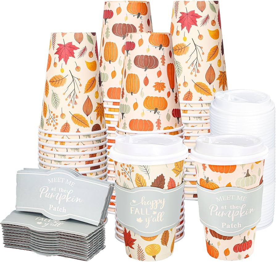 Whaline 50Pcs Fall Thanksgiving Disposable Coffee Cups with Lids and Sleeves Maple Pumpkin Paper ... | Amazon (US)