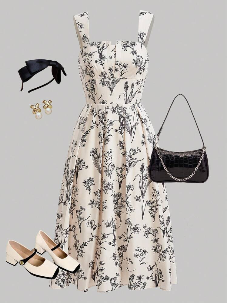 SHEIN Teen Girl Woven Floral Pattern Square Neck Backless Wide Shoulder Strap Dress | SHEIN