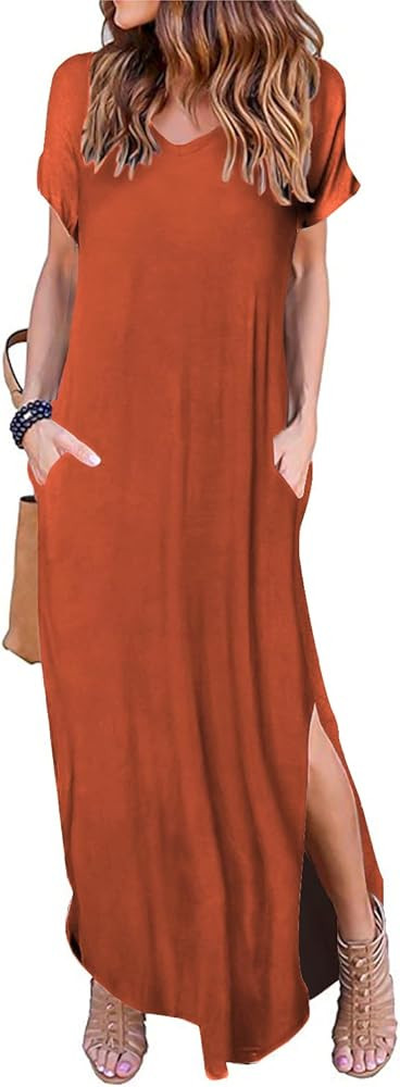 Women's Casual Loose Sundress Short Sleeve V Neck Long Dress Split Maxi Summer Beach Dress with P... | Amazon (US)