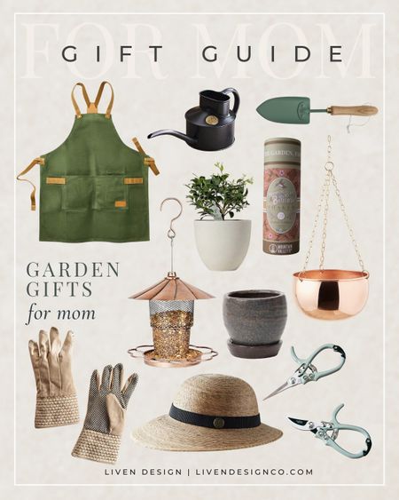 Mother's Day gift guide. Gardening gift. Gift for mom. Gift for her. Gift ideas. Spring patio. Copper hanging planter. Copper brass bird feeder. Gardening gloves. Garden tools. Stoneware planter pot. Flower pot. Apron. Birdseed. Potted tree. Key lime tree. Watering can. Straw hat. Garden hat. Wide brim hat. 

#LTKGiftGuide #LTKhome #LTKfindsunder100