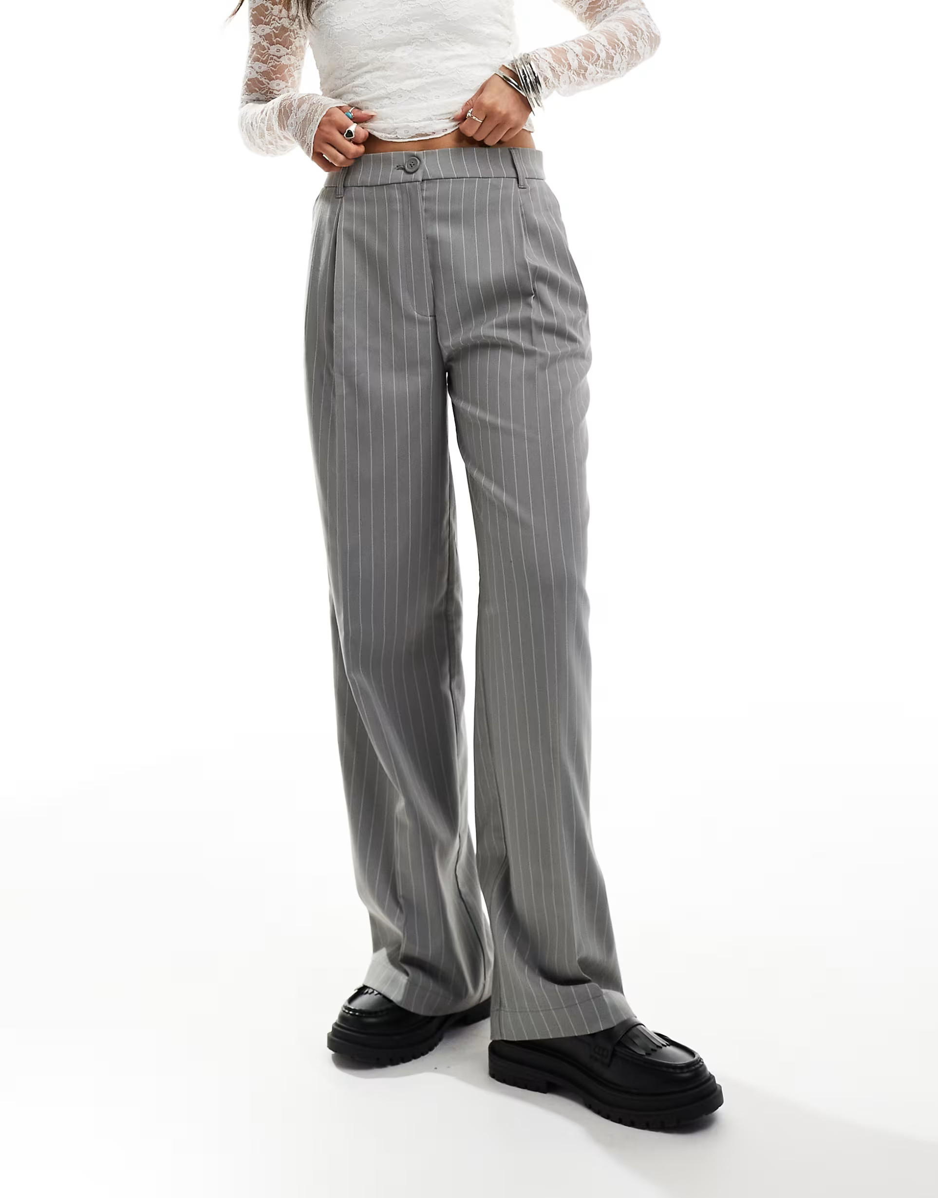 Monki high waist tailored trousers in grey with white pinstripe | ASOS (Global)