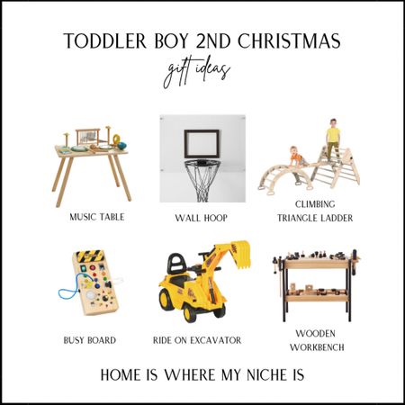 G I F T S / toddler boy’s 2nd Christmas gift ideas 

+ music table
+ basketball wall hoop
+ climbing triangle ladder
+ tool workbench
+ ride on excavator 
+ construction busy board