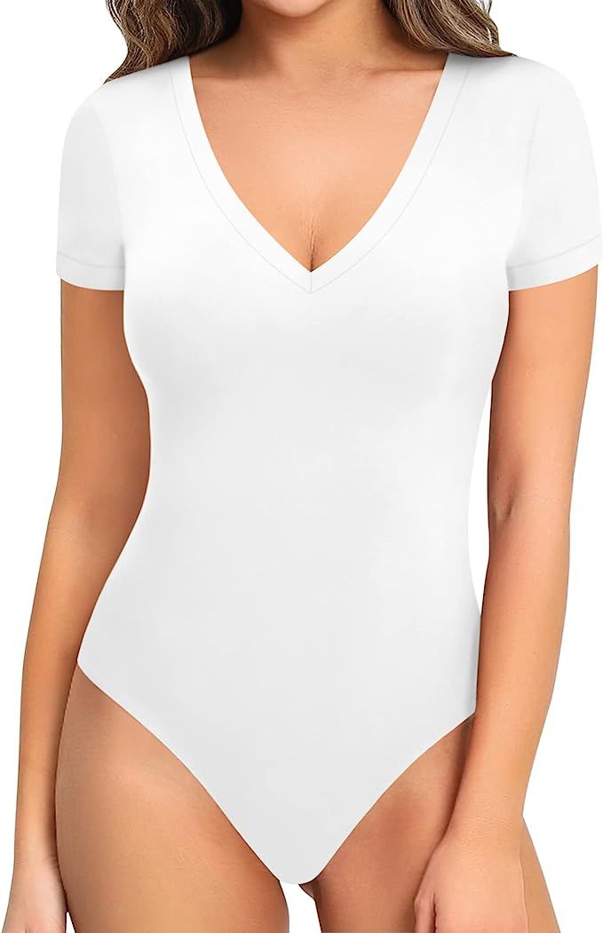 MANGOPOP Bodysuit for Women Modal V Neck Folded Over Short Sleeve Tops Jumpsuit | Amazon (US)