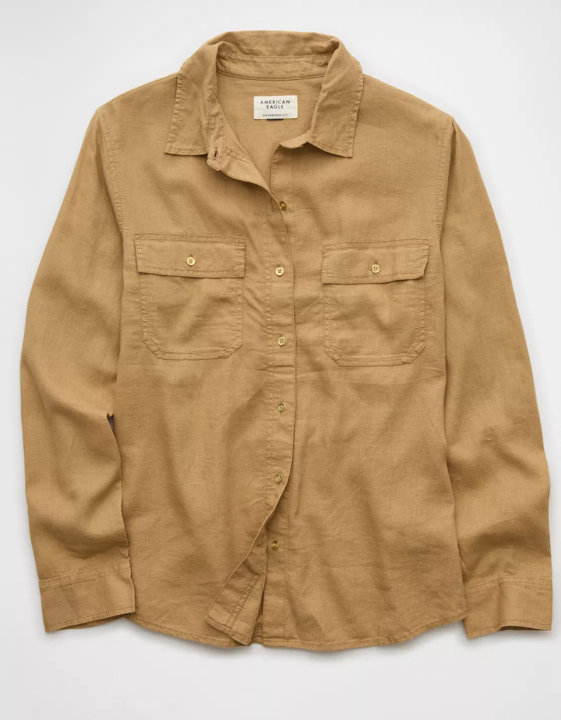 AE Weekend Vibes Linen-Blend Long-Sleeve Button-Up Shirt | American Eagle Outfitters (US & CA)