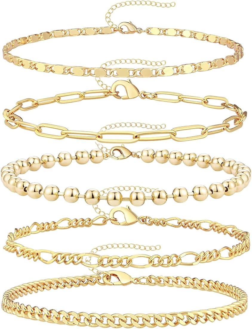 Gokeey Reoxvo Dainty Gold Chain Bracelets Set for Women 14K Real Gold Plated Link Chain Bracelets... | Amazon (US)