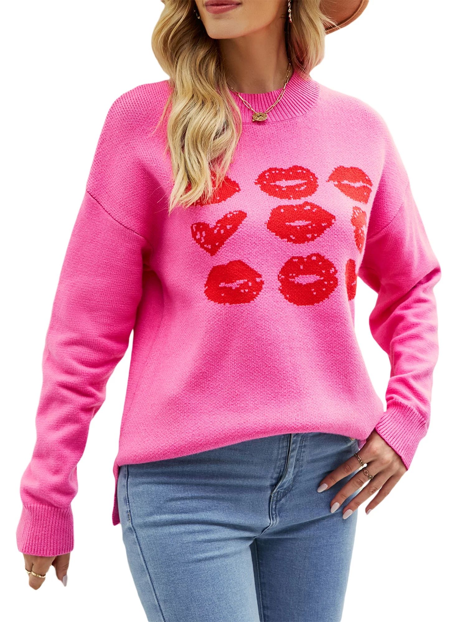Women Valentine's Day Sweater Heart Lips Print Round Neck Knit Tops | Walmart (US)