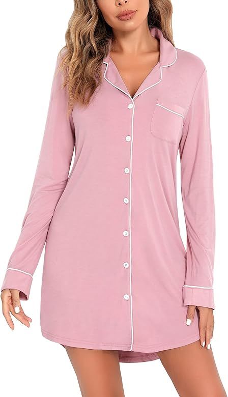 Senert Nightgown for Women Sleep Shirt Short Long Sleeve Sleepwear Boyfriend Nightshirt Button Do... | Amazon (US)