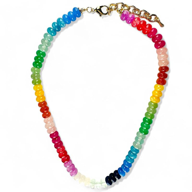 Gemstone Beaded Necklace - Colorful Natural Stone - 16in + 2in extender (Rainbow) | Amazon (US)