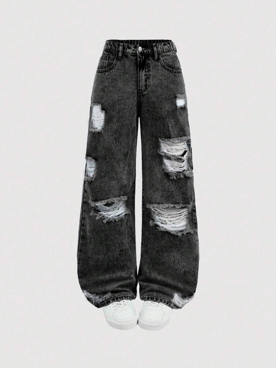 SHEIN Girlism Teen GirlBlue Distressed Loose Straight Leg Jeans | SHEIN