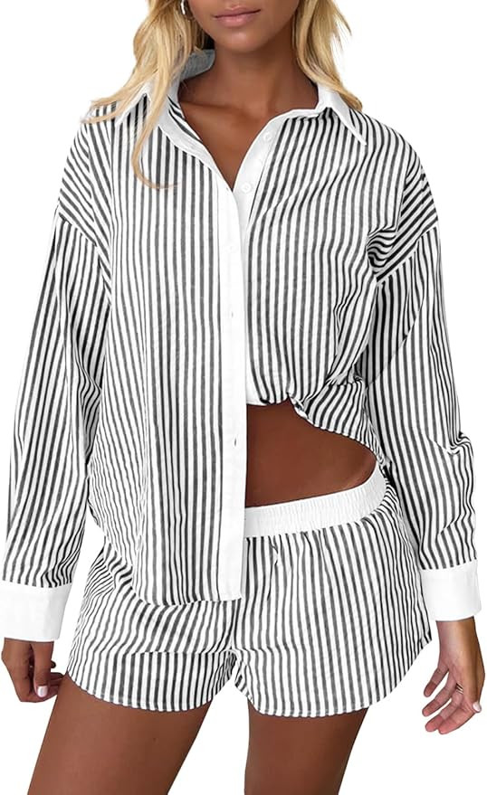Fisoew Womens Striped 2 Piece Outfits Button Down Shirts and Casual Shorts Lounge Wear Matching S... | Amazon (US)