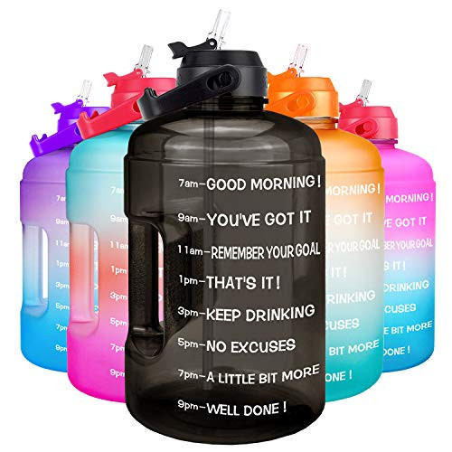 QuiFit 1 Gallon Water Bottle - with Straw & Motivational Time Marker Leak-Proof BPA Free Reusable Gym Sports Outdoor Large(128OZ) Capacity Water Jug(Black,1 Gallon) | Amazon (US)