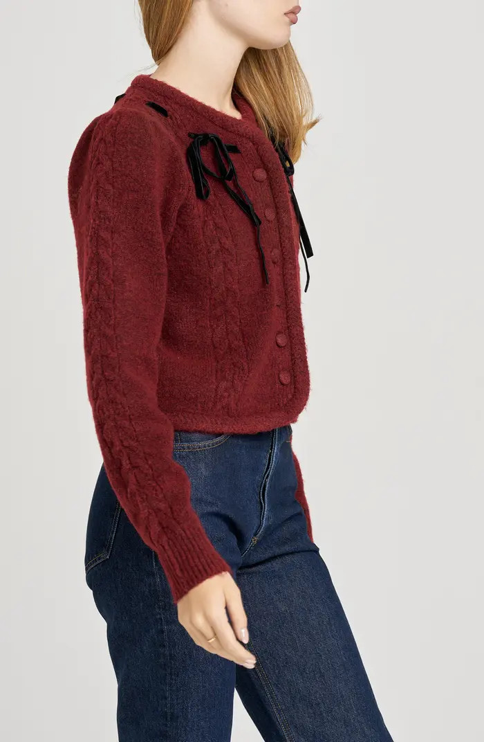 x Sara Walker Jackie Velvet Bow Cable Stitch Cardigan | Nordstrom