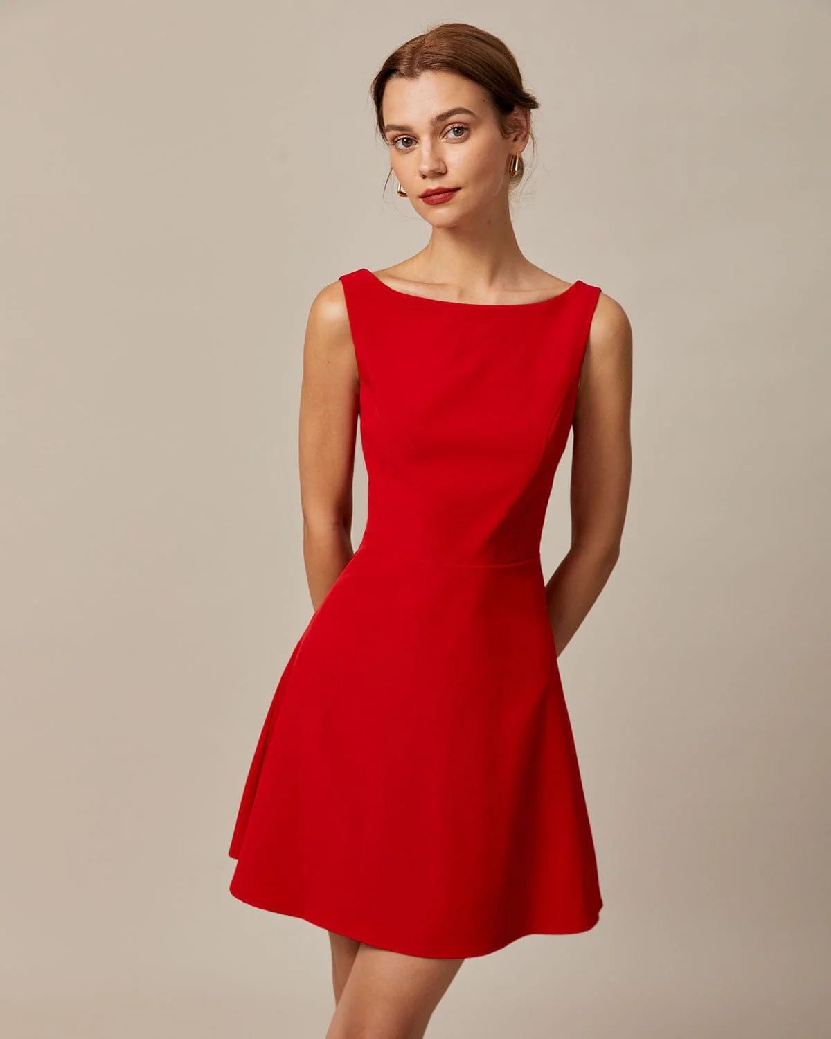 The Red Boat Neck High Waisted Mini Dress - Boat Neck Sleeveless A Line Backless Mini Dress - Red... | rihoas.com