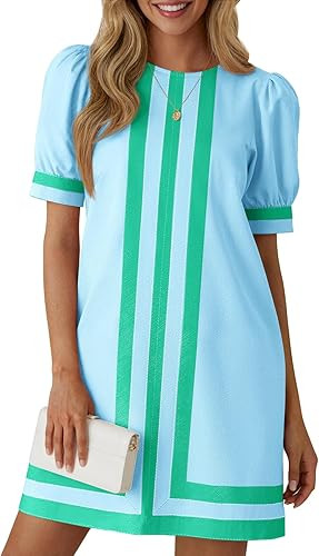 Wenrine Womens Puff Short Sleeve Mini Dress Summer Crewneck Striped Color Block Loose Casual Shif... | Amazon (US)