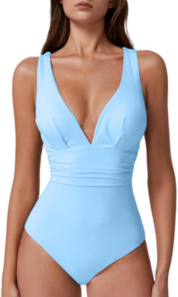 QINSEN Womens Sexy V Neck One Piece Bathing Suit Cross Back Swimsuit High Waist Monokini | Amazon (US)