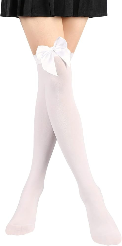Satin Bow Stockings Women Opaque Thigh High Stockings Over Knee Long Stockings | Amazon (US)