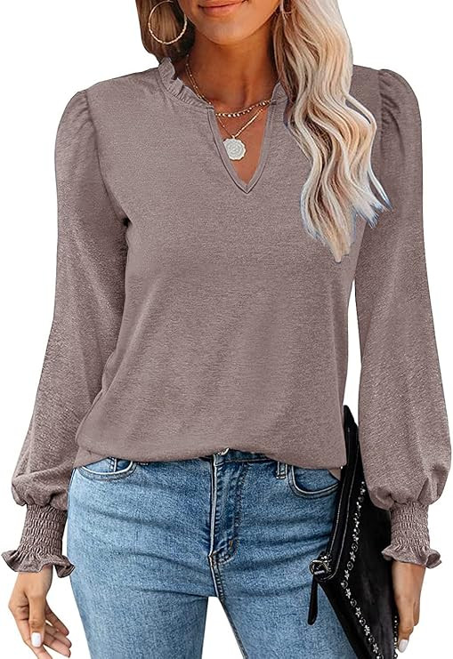 Women's Puff Long Sleeve T Shirt Fall Cute Dressy Casual Ruffle V Neck Tunic Tops | Amazon (US)