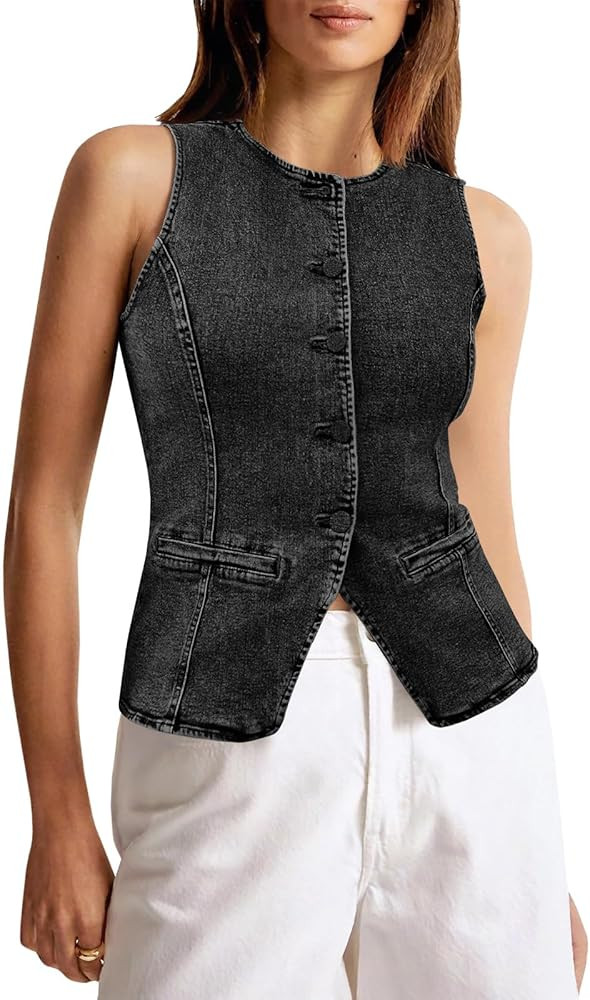 Tankaneo Womens Button Down Denim Vest Tops Sleeveless Fitted Jean Tank Tops Summer Trendy Casual... | Amazon (US)