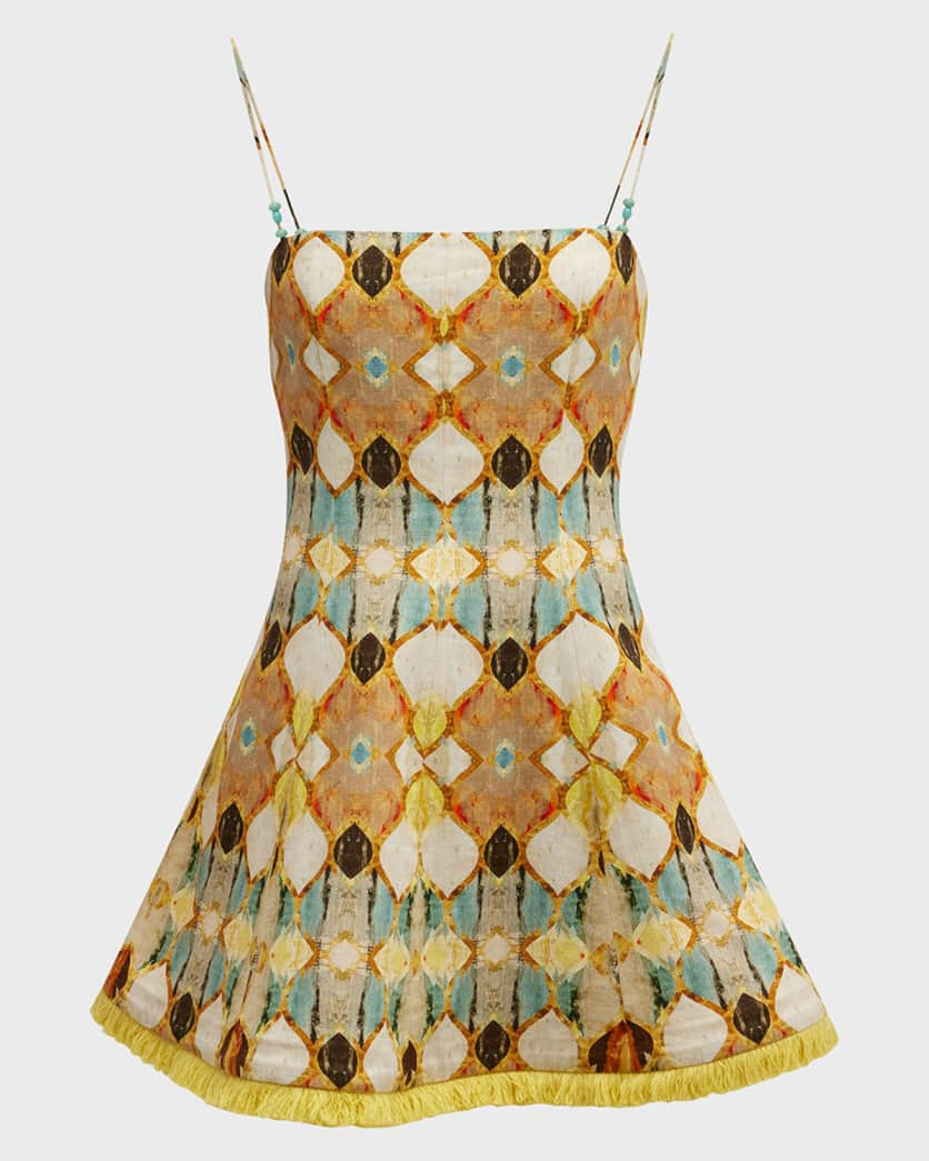 Cruz Fit-&-Flare Fringe-Hem Linen Mini Dress | Neiman Marcus