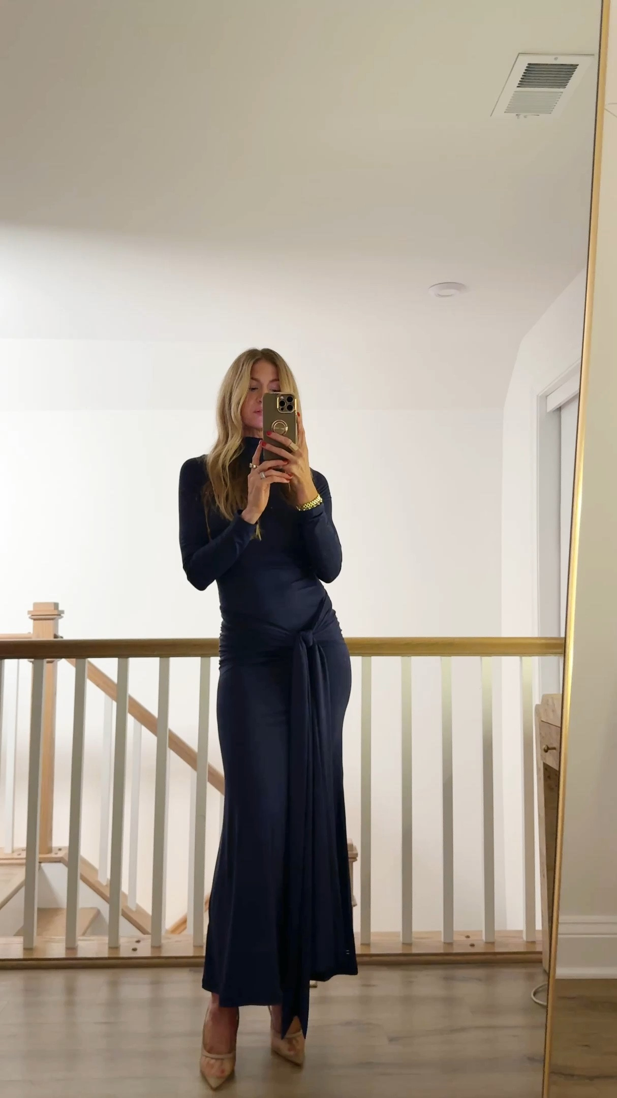 The most stunning navy dress - this would be so chic for a holiday party! Also comes in a maroon. Runs TTS, wearing a size 2. 
Sheer nude pumps: the back kept slipping off a bit so these run big, I’d size down 1/2 a size  

#LTKStyleTip #LTKParties #LTKHoliday