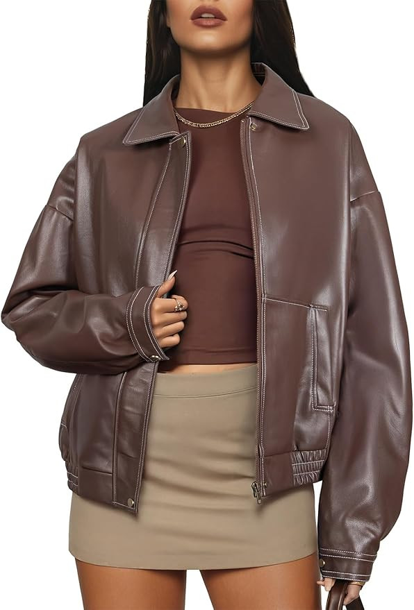 EVALESS Leather Jacket Women Faux Motorcycle Coats Fashion Oversized Bomber Zip Up Jackets Trendy... | Amazon (US)