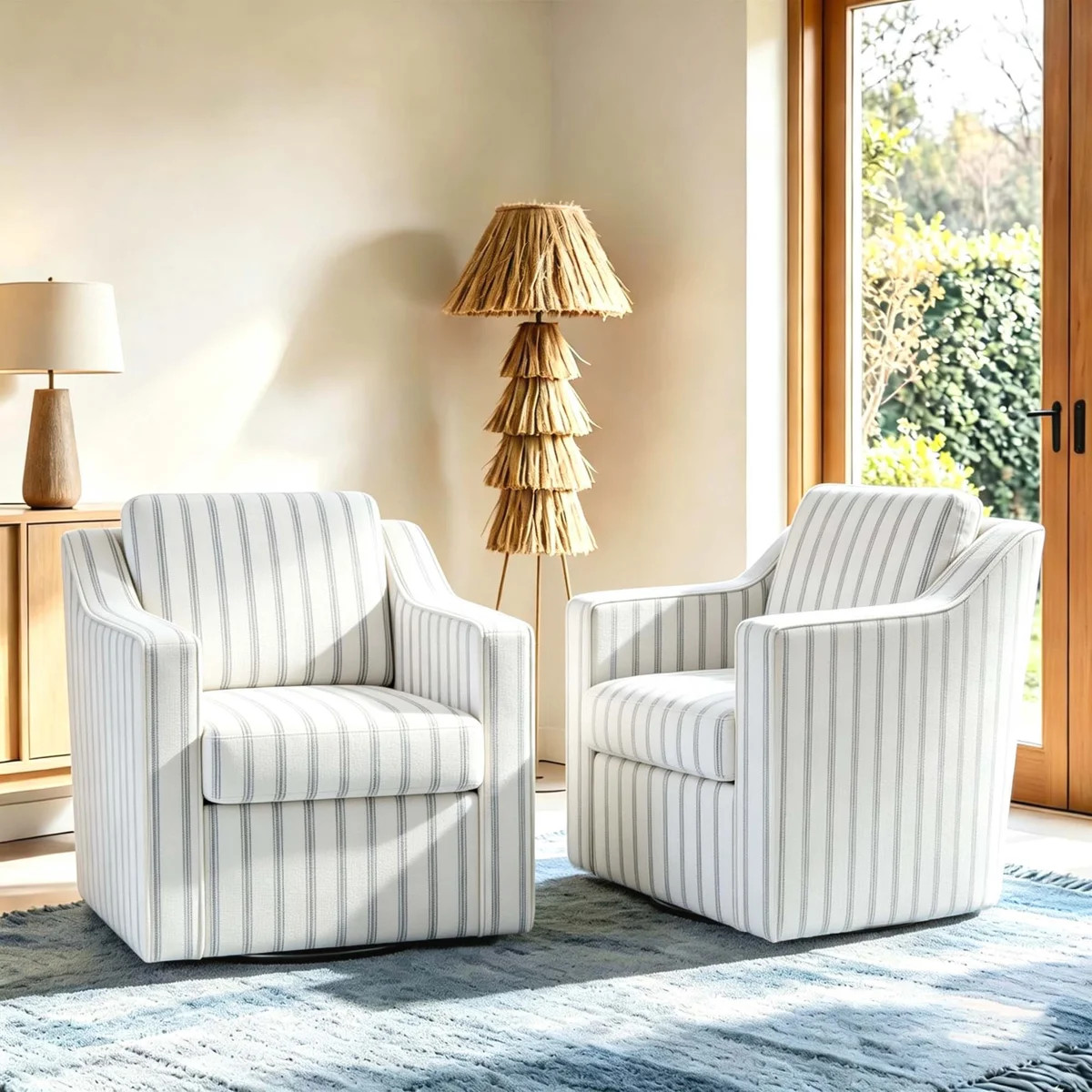 Bronnen Big And Wide Upholstered Pinstripe Light Blue Cushion Swivel Armchair with Removable Back... | Wayfair North America