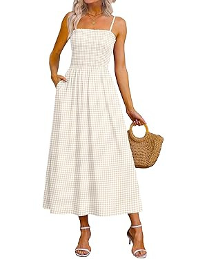 OFEEFAN Womens Spaghetti Strap Maxi Dresses Smocked with Pockets 2026 Summer Spring Casual Boho B... | Amazon (US)