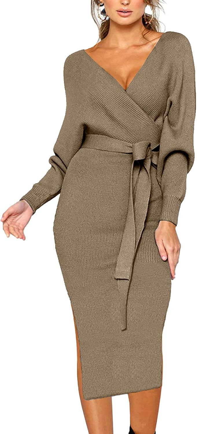 CHERFLY Women's V Neck Sweater Dresses Batwing Long Sleeve Backless Bodycon Dress with Belt | Amazon (US)