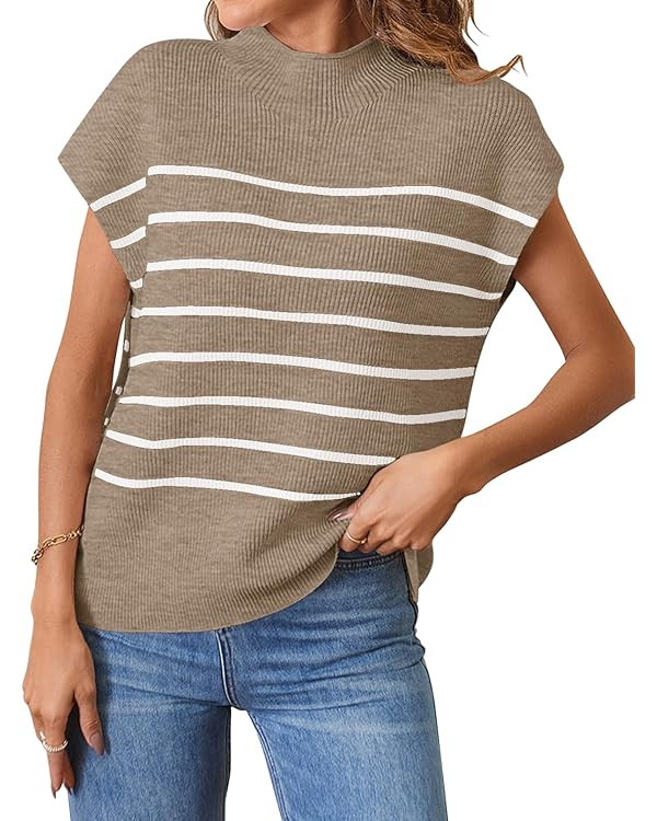 MEROKEETY Women's 2024 Sleeveless Mock Neck Striped Sweater Vest Cap Sleeve Ribbed Knit Pullover ... | Amazon (US)