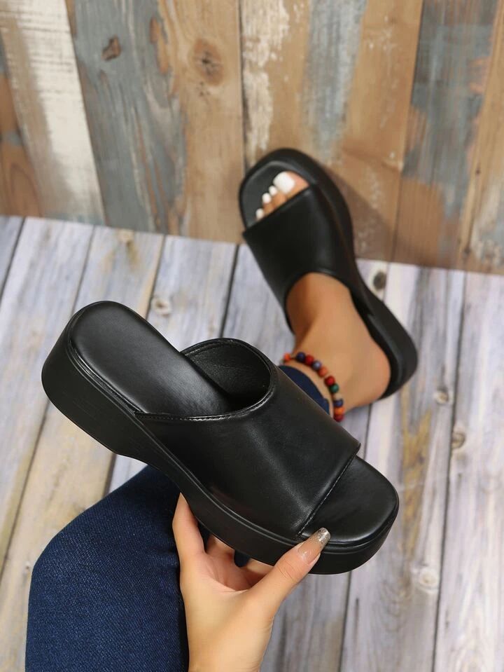 Elegant Wedges Slide Sandals Women Single Band Sandals, Black Elegant Pure Color Platform Wedge S... | SHEIN