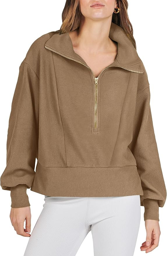 ANRABESS Women Half Zip Cropped Sweatshirt Casual Fleece Quarter Zip Up Rib Knit Pullover 2023 Fa... | Amazon (US)