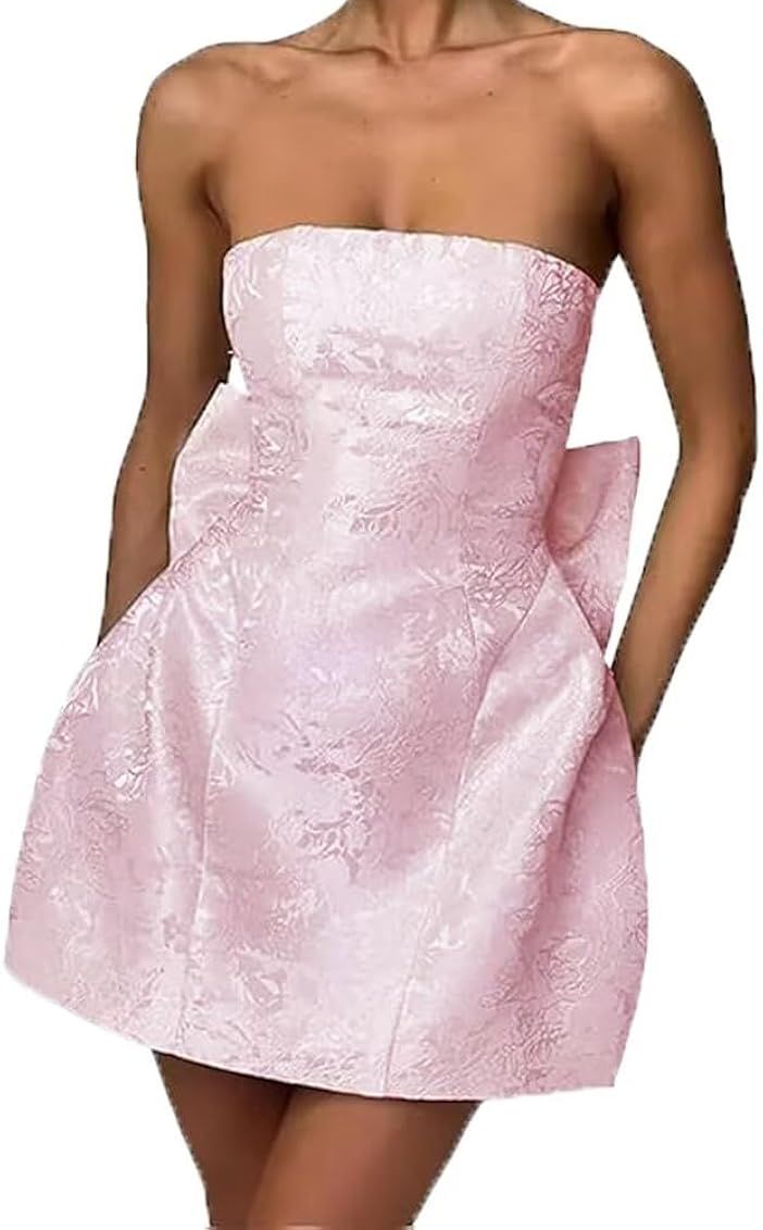 Xyiveaf Satin Homecoming Dress with Bow Strapless A Line Short Prom Dresses Embroidery Mini Dress... | Amazon (US)