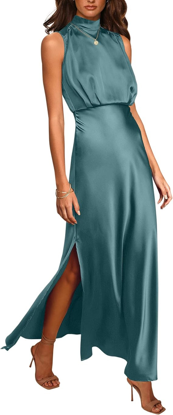 BTFBM Women Sleeveless Mock Neck Cocktail Dresses Keyhole Elastic Waist Party Wedding Guest Satin... | Amazon (US)