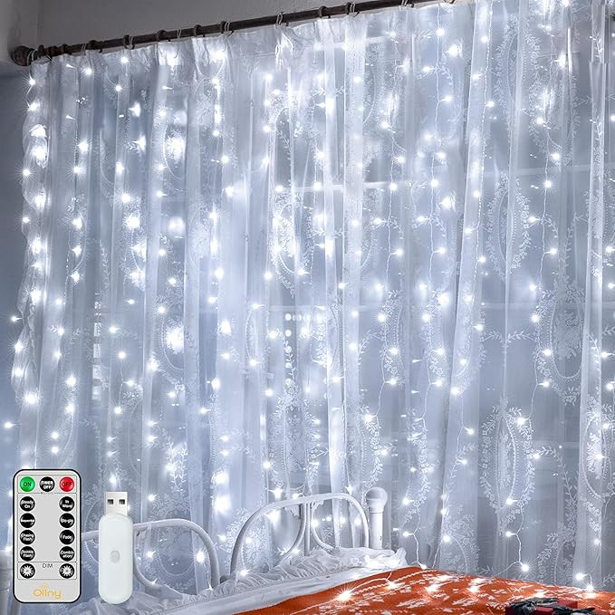Ollny Curtain Lights 200LED 6.6x6.6ft, USB Christmas Curtain Lights Cool White with Remote 8 Mode... | Amazon (US)