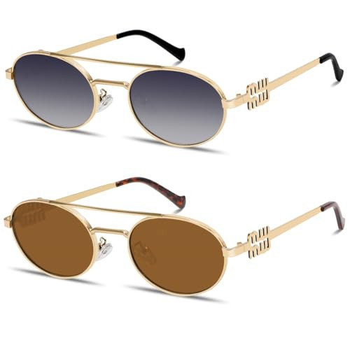 Rmerom Retro Oval 90s Metal Sunglasses for Women, 2026 Trendy Chic Narrow Gold Sun Glasses Fashion Sunnies | Amazon (US)