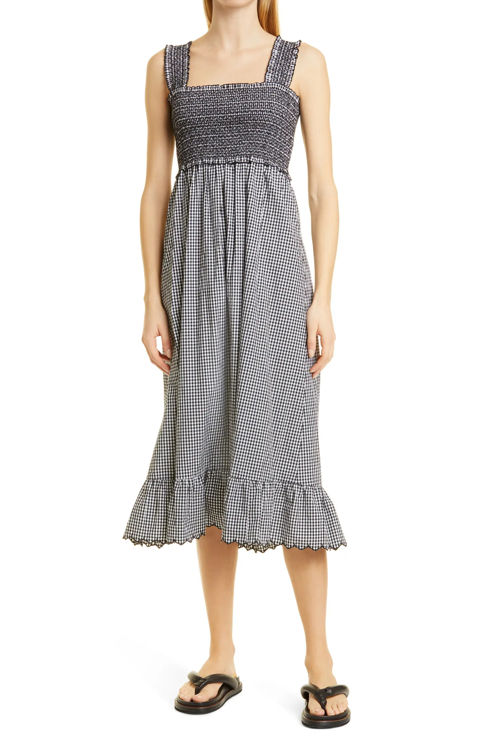 Rumi Smocked Gingham Organic Cotton Blend Midi Dress | Nordstrom