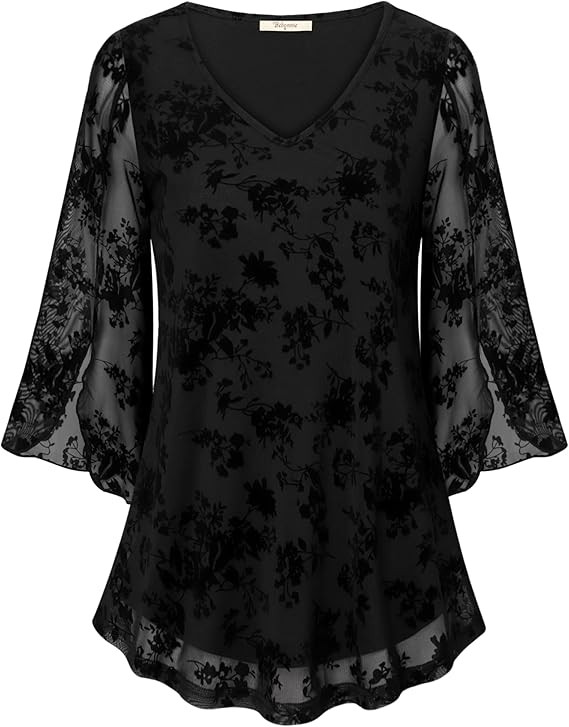 Bebonnie Womens Ruffle 3/4 Sleeve V Neck Double Layers Mesh Blouses Loose Fit Flowy Tunic Tops | Amazon (US)