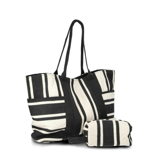 Time and Tru Women's Pocket Tote Handbag and Matching Pouch, Black and White Stripes | Walmart (US)