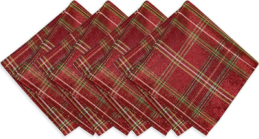 Elrene Home Fashions Shimmering Plaid Holiday Cloth Napkins, Set of 4, 17 Inches x 17 Inches, Red | Amazon (US)