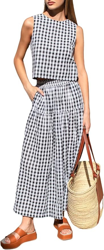 QIBABU Womens Gingham 2 Piece Outfits Casual Sleeveless Crop Top and High Waisted Tiered Skirt Pl... | Amazon (US)
