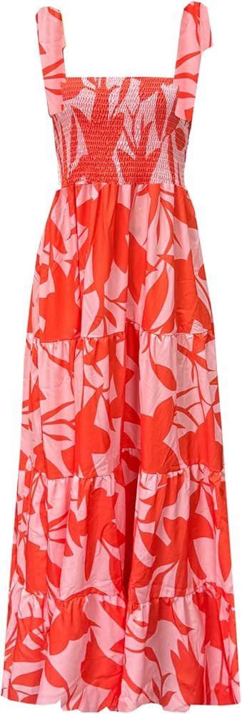 kinstell Women's Summer Boho Spaghetti Strap Square Neck Ruffle Casual Flowy Long Dress Beach Swi... | Amazon (US)