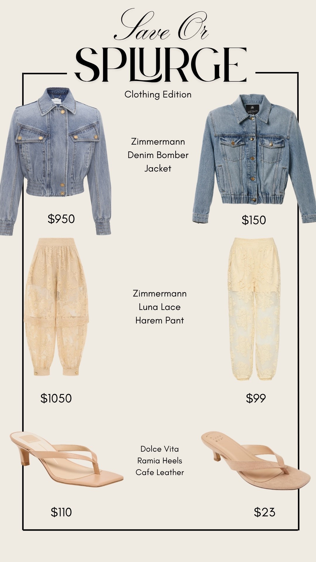 Save or Splurge Zimmermann outfit edition! 
I found almost identical pieces for a fraction of the cost! 

Save or Splurge, Lookalikes, Zimmermann Denim bomber, Zimmermann lace pants, Thong sandals, Kitten heels, Spring outfit, Spring fashion, Emily Ann Gemma

#LTKootd #LTKSaleAlert #LTKSeasonal