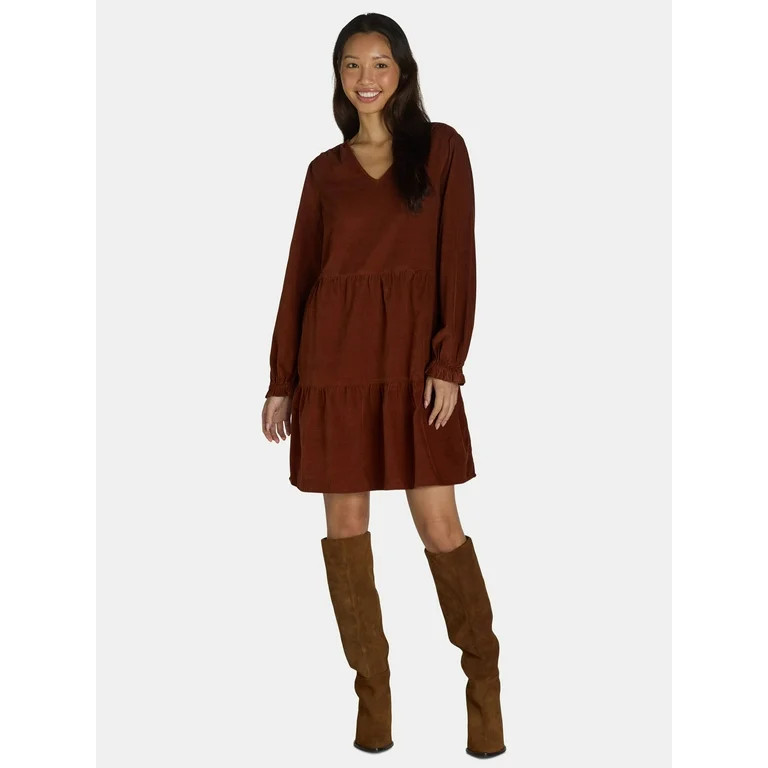 Time and Tru Women's and Women's Plus Cotton Corduroy Tiered Dress, Sizes XS-4X | Walmart (US)