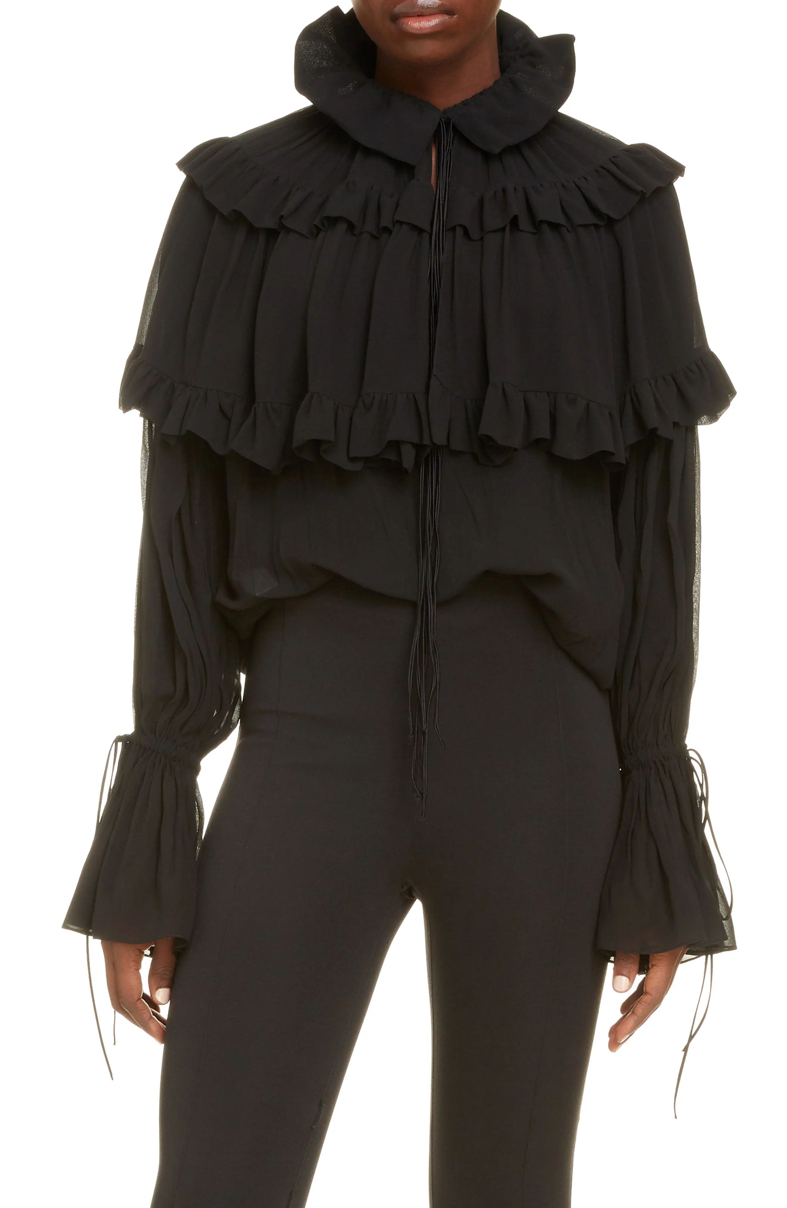 Women's Saint Laurent Washed Silk Georgette Blouse, Size 8 US - Black | Nordstrom
