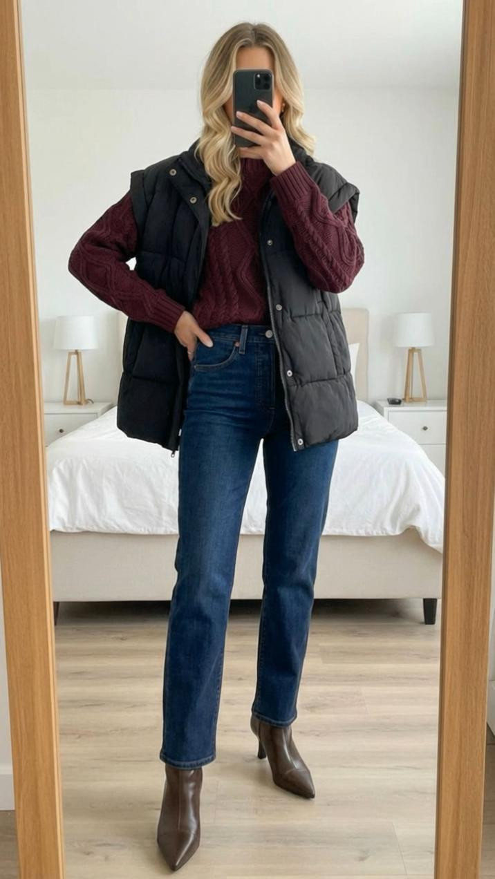 Black puffer vest layered over a burgundy sweater with classic blue jeans and winter boots 🖤🍷 the perfect casual winter outfit, everyday cold weather look, cozy winter layers, fall to winter transition outfit, mom casual outfit, weekend winter outfit, running errands outfit, comfy but put-together winter style, neutral winter basics, easy everyday outfit formula. Saving this casual winter look 🤍

#LTKOver40 #LTKgrwm #LTKHoliday