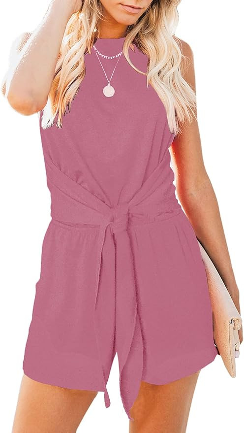 ZESICA Women's Summer Sleeveless Halter Neck Solid Color Knot Front Short Jumpsuit Romper with Po... | Amazon (US)