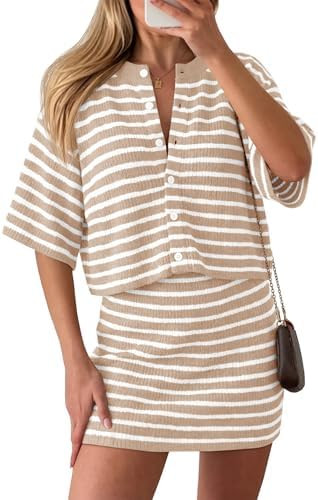 Saodimallsu Womens Two Piece Skirt Set Summer Striped Knit Short Sleeve Button Cardigans And Mini... | Amazon (US)